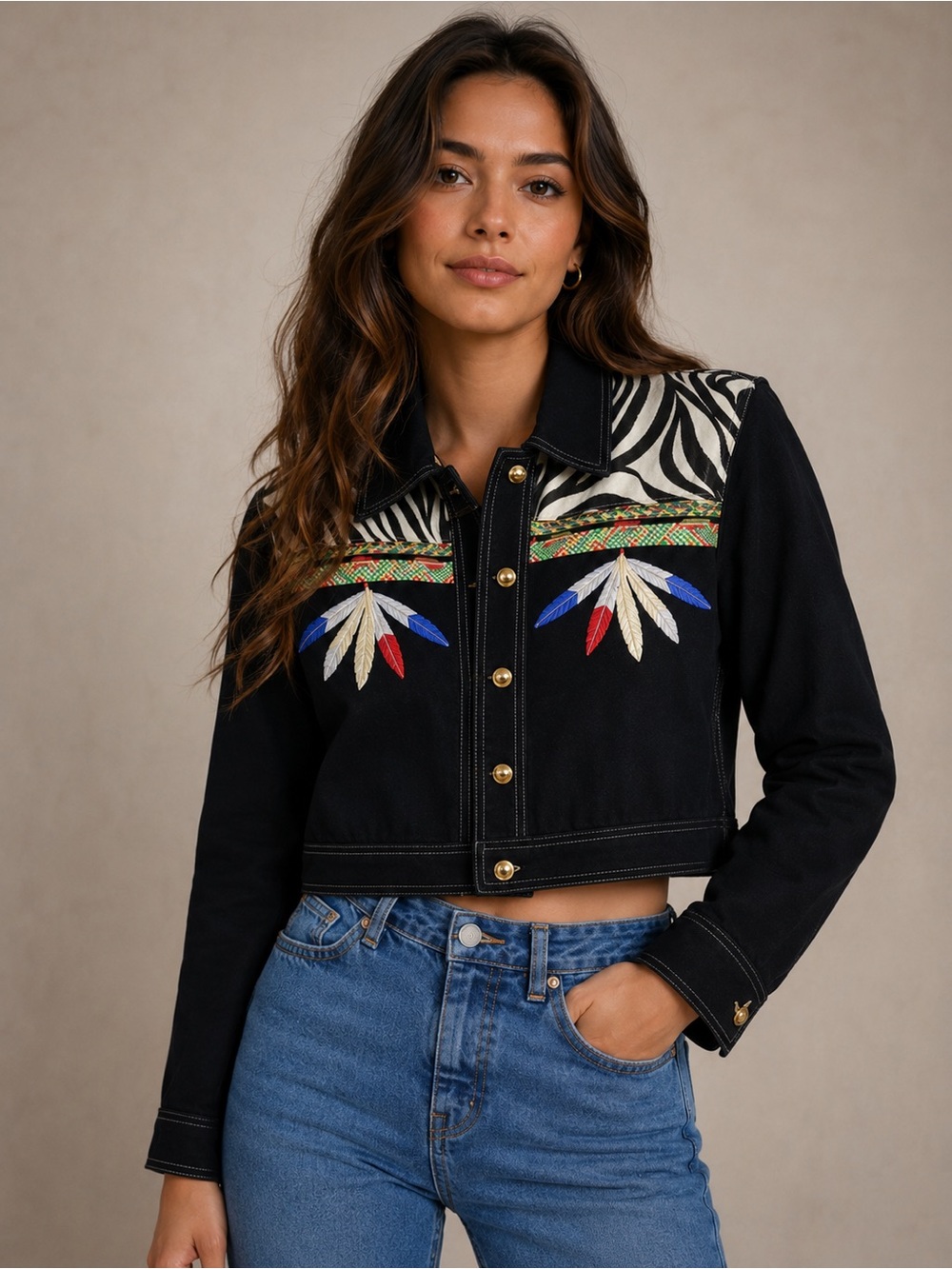 Vintage RARE Christian Linares Black Western Denim Jacket  Embroidered EU 44